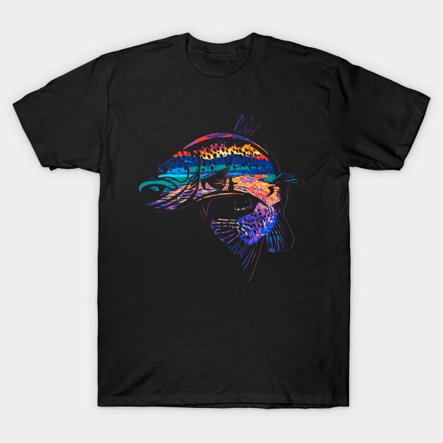 Mountain Trout Fly Fishing Silhouette Stream Sunset Mountain Stream T-Shirt by TeeCreations